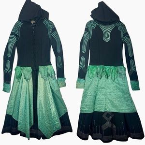 Phoenix Rising Black Green Duster Kaftan Coat Dress Starduster Leather Painted